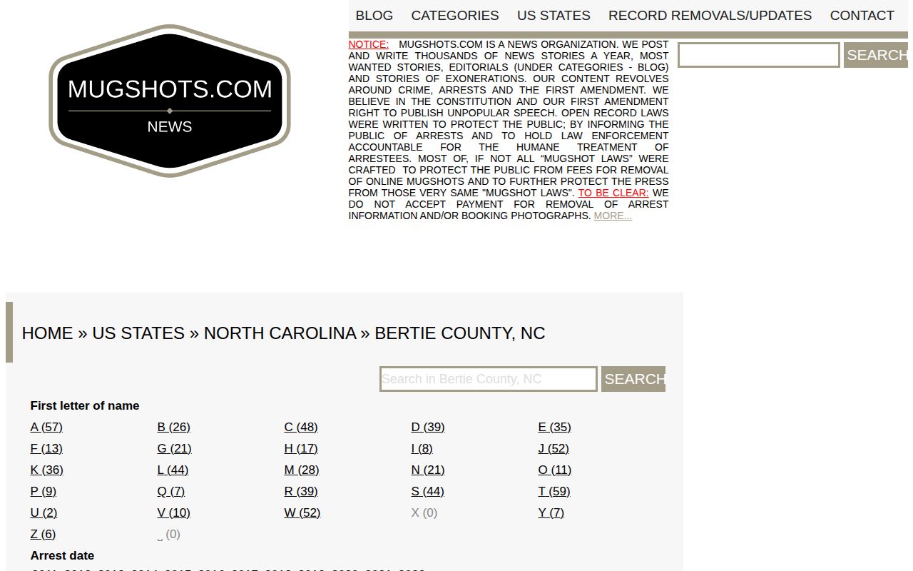 Historical unofficial Bertie County mugshot archive page